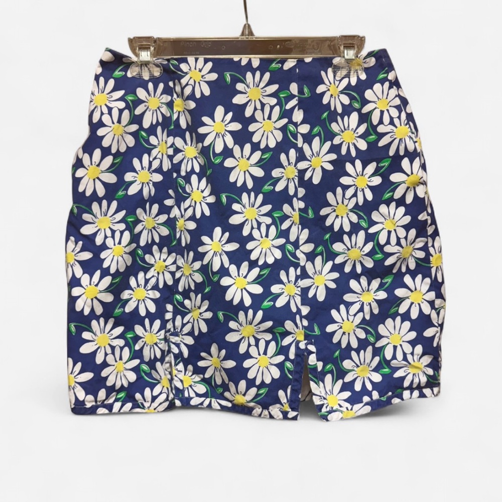 Vintage Lilly Pulitzer Blue Cotton Skirt with White and Yellow Daisy Print